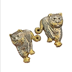 Vintage gold & silver finish lion tiger pierced earrings