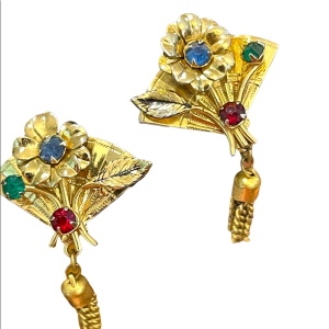 Vintage CORO gold plated multicolor crystal fan with flowers dangle earrings