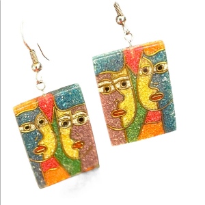 Vintage mosaic resin colorful faces dangle earrings abstract expressionist