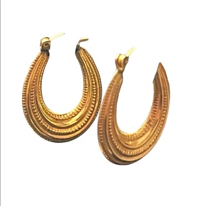 Vintage textured 14k gold oval hoop earrings