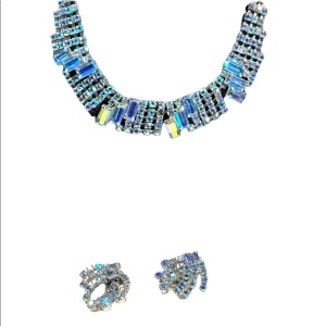 Vintage 1950s Stunning blue AB crystal earrings & necklace set choker fancy