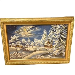 Vintage gold gilt heavy framed needlepoint winter snow scene picture