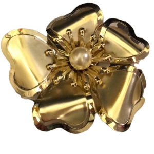 Vintage fancy gold finish pearl large metal flower brooch 1960s