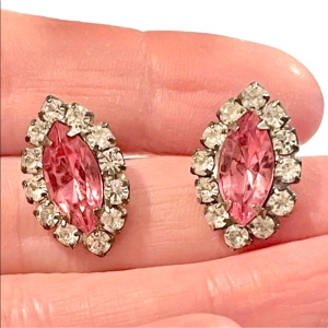 Vintage pink & clear crystal pierced earrings silver finish