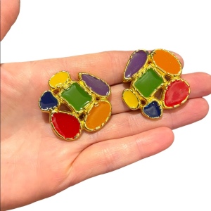 Vintage 1970s Multi color enamel colorful Gold finish FUN shoe clips