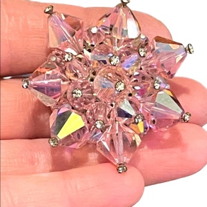 Vintage 1950s Pink chunky large heavy Czech Crystal starburst brooch flower