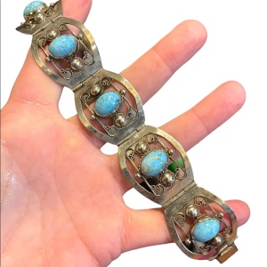 Vintage 1960s Turquois stone Alpaca silver bangle link bracelet Mexico