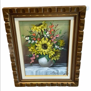 Beautiful vintage flower painting daffodil signed ornate wood frame