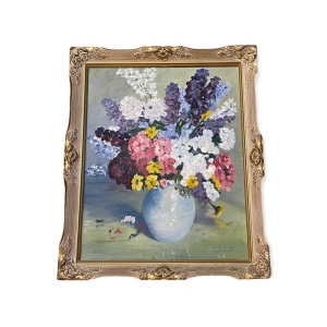 Vintage C Elliot Colorful flower oil painting on board wood ornate frame