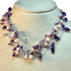 Sterling silver 925 real pearl amethyst stone multi strand necklace 💗 fa…