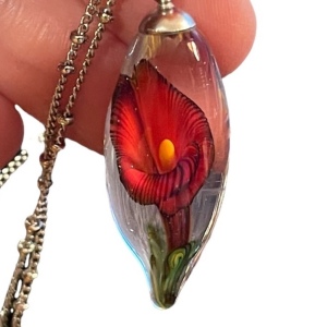 Vintage Murano Art glass Flower tear drop pendant necklace silver tone