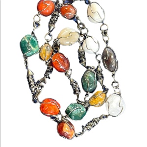 Vintage rough various color Agate stone wire wrap necklace links VG