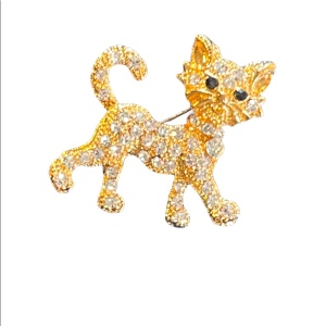 Vintage 1970s Crystal rhinestone gold finish Cat walking CUTE Brooch