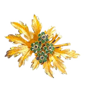 Vintage 1960s Gold Plate antiqued green crystal rhinestone leaf flower brooch