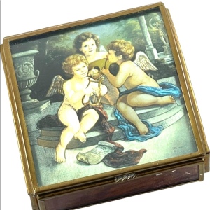 Vintage Mexico Brass glass foil angel cherub trinket box