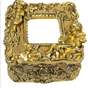 Gold Gilt Angel cherub trinket box photo wallet sz flowers VTG