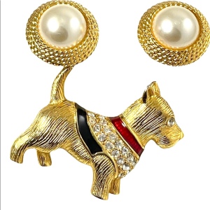 VTG set Napier Faux pearl gold finish earrings enameled Scottie dog rhinestones