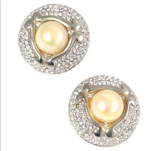 Vintage Faux pearl chunky rhinestone fancy party earrings wedding clip ons