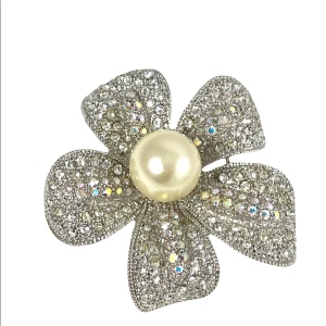 Silver rhinestone fancy sparkle large faux pearl flower brooch