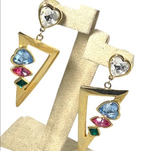 Vintage gold multi color crystal heart dangle earrings triangle hearts