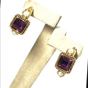 Amethyst Purple crystal dangle faux pearl gold finish fancy earrings