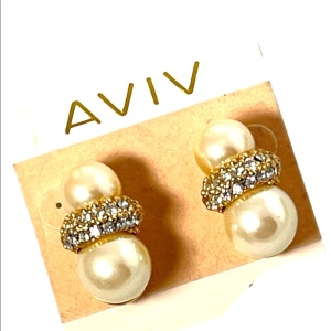 Vintage AVIV faux pearl rhinestone chunky earrings gold dangle