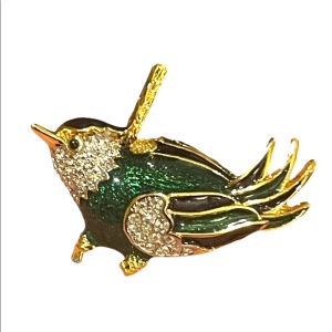 Vintage Dorlan Gold Finish enameled Bird brooch crystal rhinestones