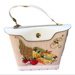 Large Vintage Hand made 1970s bucket purse wood fruits