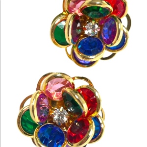 Vintage multicolor crystal metal flower pierced earrings