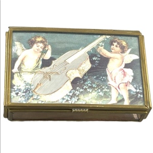 Vintage brass trinket box with angels cherubs cello