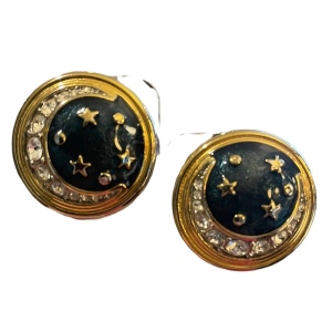 Vintage 1980s Moon & Stars Gold finish enameled rhinestone chunky clip earrings