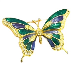 Vintage 1980s Dorlan Enameled rhinestone large butterfly brooch gold finish