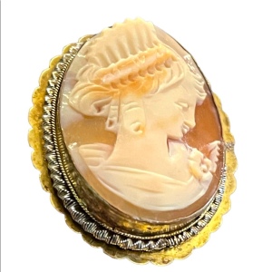 Antique 800 silver Gold plated Carnelian Shell Cameo brooch pendant LG Diana