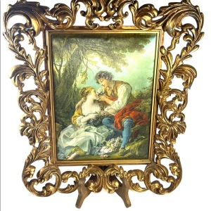 Vintage Italy 1960s gold ornate finish padded fabric picture Renaissance lovers