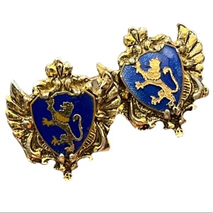 Vintage 1950s Gold finish Blue guilloche coat of arms earrings Lion Heraldic