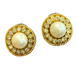 Vintage gold finish faux pearl rhinestone crystal round pierced earrings