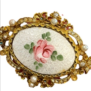 Vintage 1945 CORO Pegasus Guilloche enamel Pink Rose brooch Art Nouveau enamel