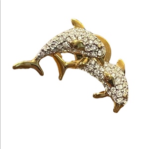 Vintage 1990s Gold plated Authentic Swarovski Crystal Dolphin Pin Brooch (Swan)