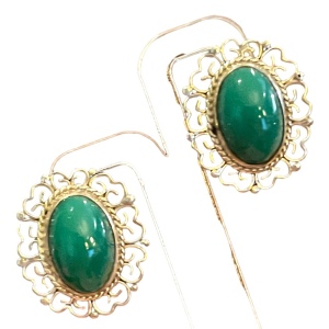 Vintage 925 Sterling silver Mexico filagree fancy oval Green Agate earrings