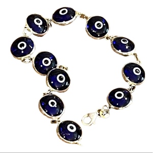 Sterling silver 925 Blue glass EVIL EYE link bracelet