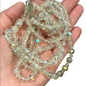 Vintage clear AB CZECH crystal double strand long fancy glass bead necklace 1960