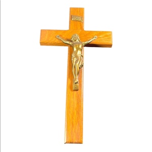 Vintage 1950s Solid oak wood Heavy solid metal Jesus Catholic Crucifix cross