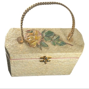 Vintage 1950s white Pearl finish 3d yellow rose box purse Beautiful