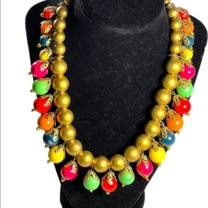 Vintage 1980s Colorful multi color Cha cha statement necklace gold resin fun