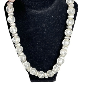 Vintage 1950s fancy chunky heavy lucite plastic white silver bead necklace