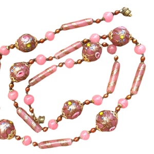 Vintage Wedding Cake Italian Venetian glass bead necklace pink and gold 1960s