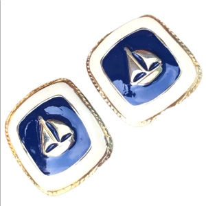 Vintage Nautical sailboat 1980s earrings enamel gold blue white