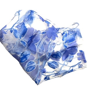 Vintage 1950s Sheer Blue & white lovely flower scarf Chiffon