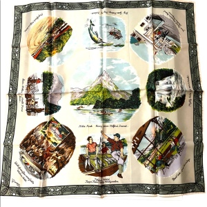 Vintage 1950s Milford Sound Acetate tourist scarf vacation tour fishing printed