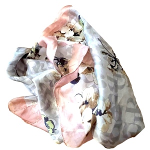 1990s Dana Buchman flower gray and pink DB Signature scarf Poly silk feel